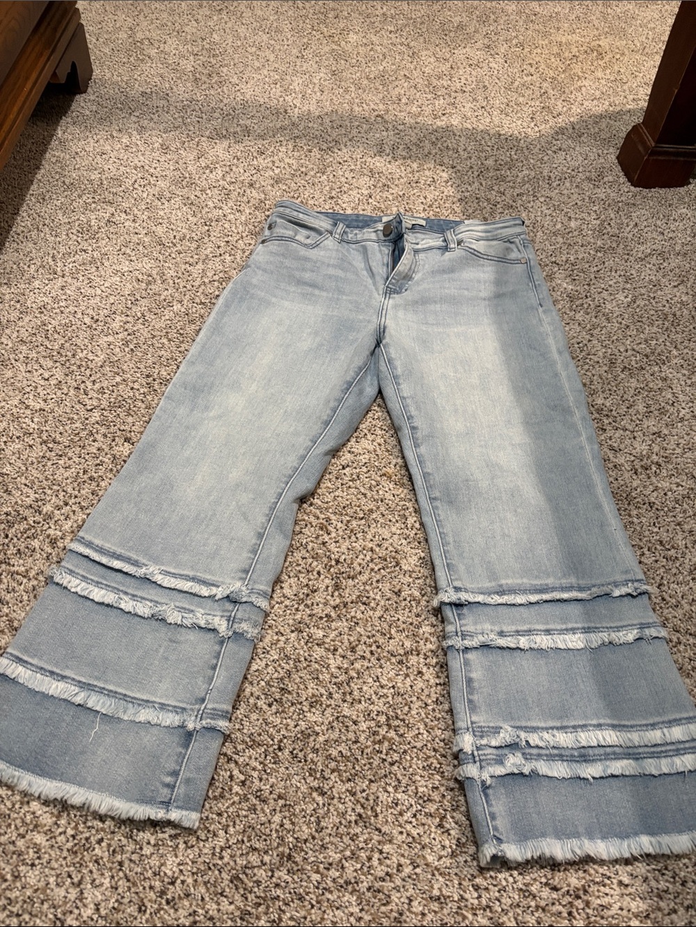 Liverpool Light Blue Frayed Tiered Wide-Leg Jeans